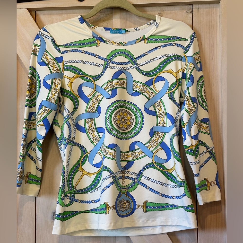 J. McLaughlin off white/Blue/green Middleburg Shirt in signature fabric new